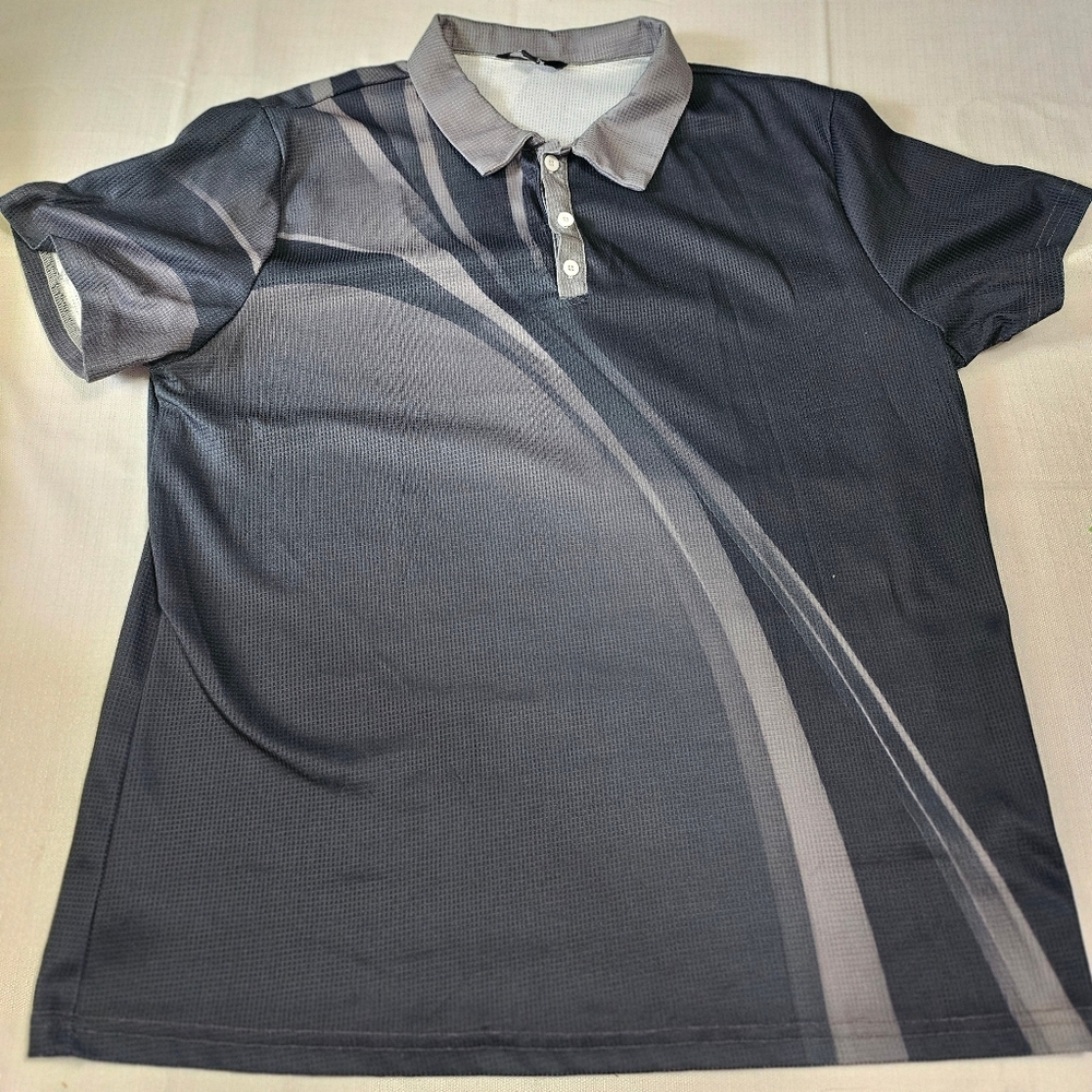 Ouku Geometric Design Golf Polo Shirt Black Collared 3 Button Mens XL‎